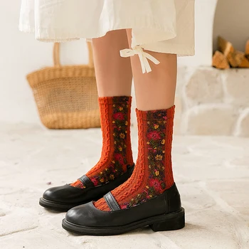 

Fashion Autumn National Style Flower Print Women Socks Harajuku Vintage Sock Female Fashion Winter Warm Christmas Gift for Girls