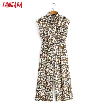 

Tangada Women summer leaf print long jumpsuit short Sleeve turn down collar female casual Jumpsuit 1F76