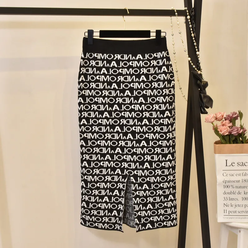 Women's Skirt Knitting embroidery Autumn Letters Knit Thick Soft Pencil Skirts Students Japan Woman Faldas Female LS149