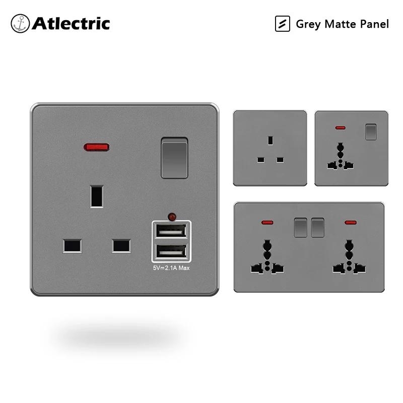 

Atlectric USB Wall Socket EU Standard Electrical Socketes Gray Large Plastic Panel Multi-function Socket With Switch AC110-250V