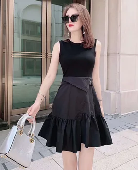 

One Piece Dress 2020 Summer Style Ladies O-Neck Buckle Belt Patchwork Sleeveless Slim Fitted A-Line Black Mini Dress Lolita