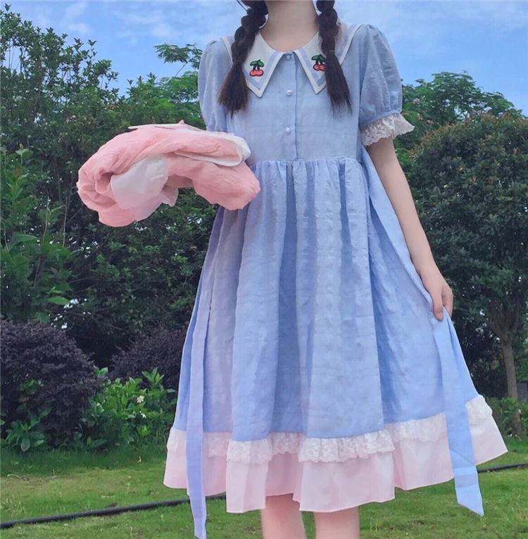 Japanese Preppy Style Sweet Soft Girl Dress Peter Pan Collar Cherry Vintage Puff Sleeve Dress Kawaii Ruffles Cute Girly Dresses