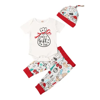 

2020 New Christmas Newborn Baby Girls Boys 3Pcs Set Short Sleeve Best Gift Ever Letter Printed Bodysuit+Pants+Hat Xmas Clothes