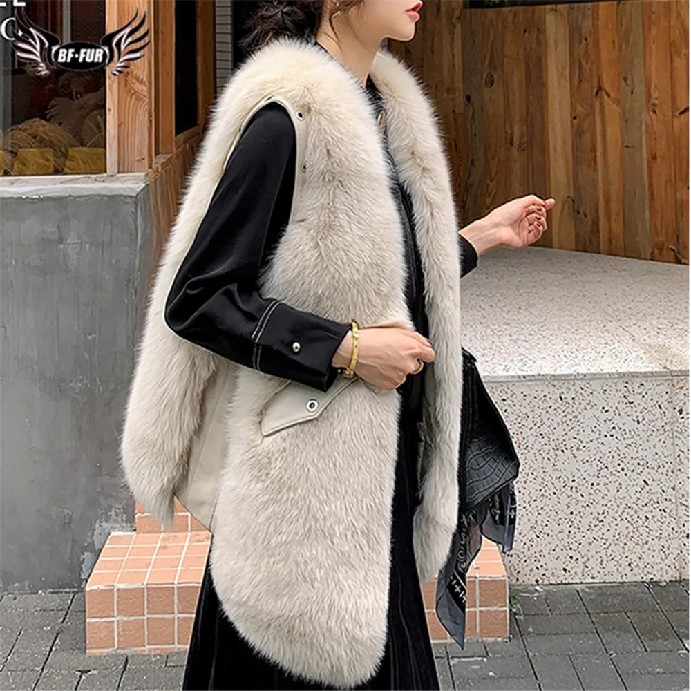 

BFFUR 2020 Fashion Fox Fur Vest Real High Quality Whole Skin Fox Fur Jackets Sleeveless Long Overcoats Woman Luxury Fur Coats