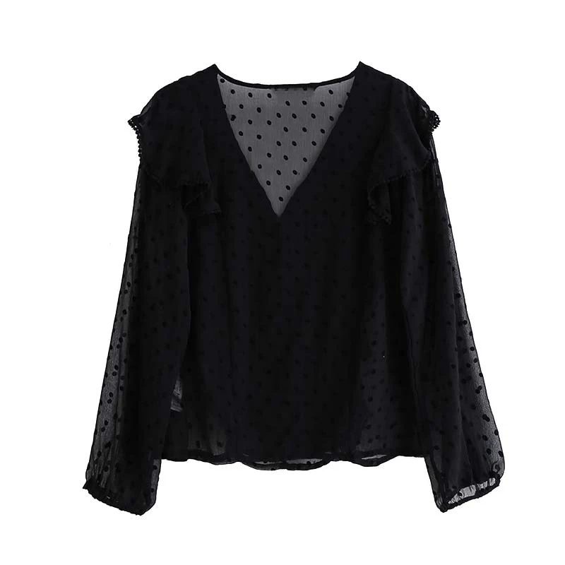  Vintage Stylish Office Wear Ruffles Blouses Women 2020 Fashion V Neck Long Sleeve See Through Shirt