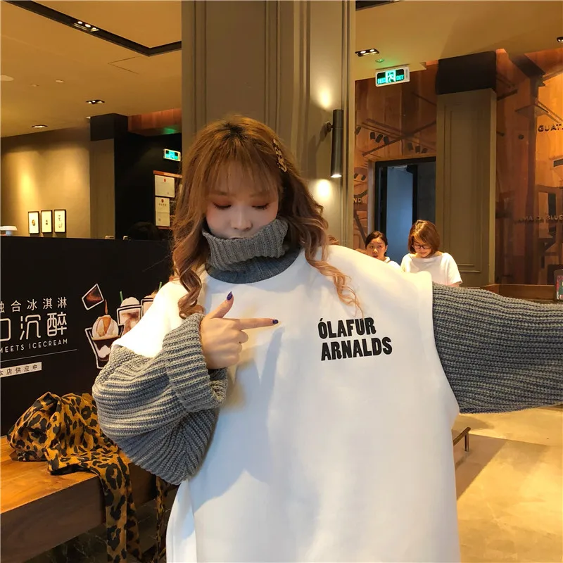 Корейская толстовка с надписью и бархатом BF Ins Harajuku винтажная Женская шикарная имитация двух частей модная Свободная Повседневная Женская толстовка
