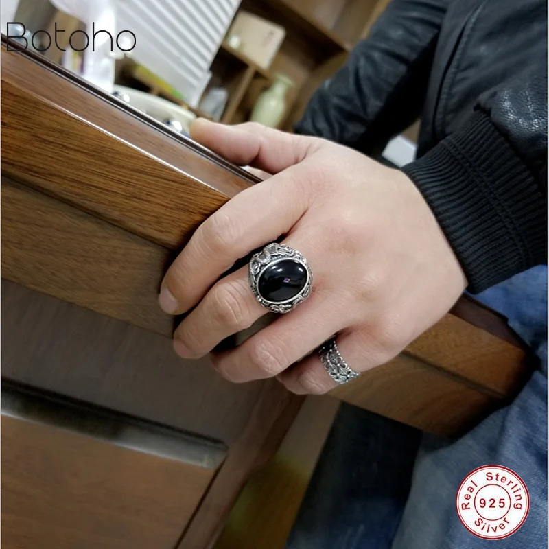 Neue Echt 925 Silber farbe Schwarz Onyx stein Ring Für Männer Weibliche Gravierte drachen Männer Mode Sterling Thai Silber farbe schmuck|Ringe| - AliExpress