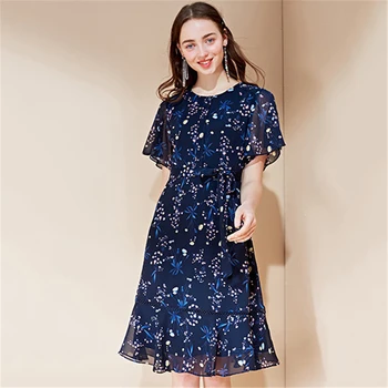

LA CISNE Summer temperament commuter short-sleeved high-waisted new elegant floral waist slimming dress women