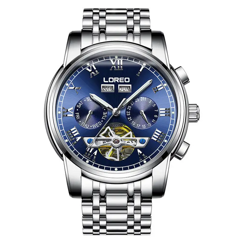 LOREO 6108, немецкие часы для мужчин, скелет турбийон, автоматические механические модные мужские часы, полые светящиеся часы Mecanique - Цвет: Синий