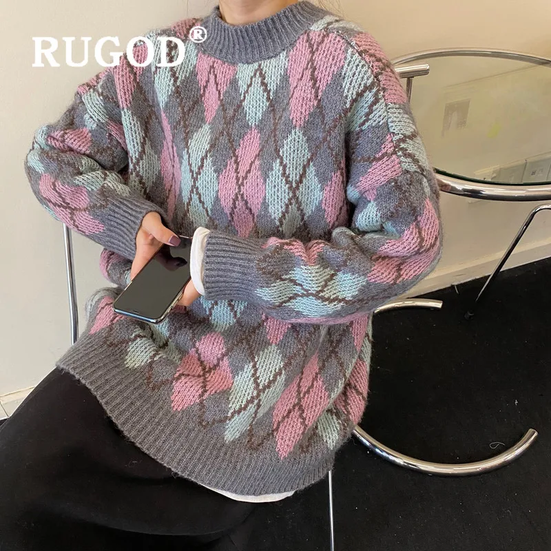 RUGOD Рождественский свитер для женщин, винтажный клетчатый узор, негабаритная туника, корейский шик, теплый вязаный пуловер, Модный повседневный женский