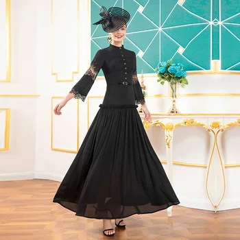 

Spring Chiffon Long Dress Slim Waist Party Elegant Black Dress 2/3 Sleeves Runway Dress Ankle-Length DZ2421