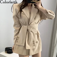 Colorfaith/Новинка года; женские блейзеры с поясом; длинные официальные куртки со шнуровкой; Верхняя одежда с вырезом в английском стиле; топы; JK156