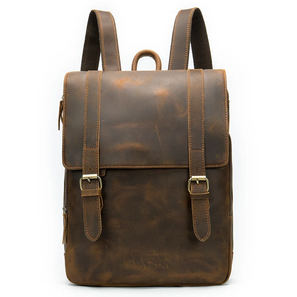 

Mad horse skin men's shoulder bags retro leather men's bags large capacity 14-inch notebook travel backpack