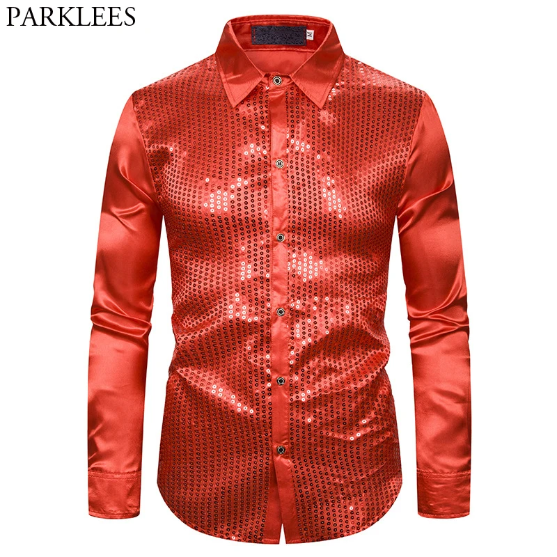 Мужская шелковая атласная рубашка с блестками, модная новинка, свадебная рубашка для жениха, сценического выпускного, мужские вечерние рубашки для дискотеки, мужская красная сорочка