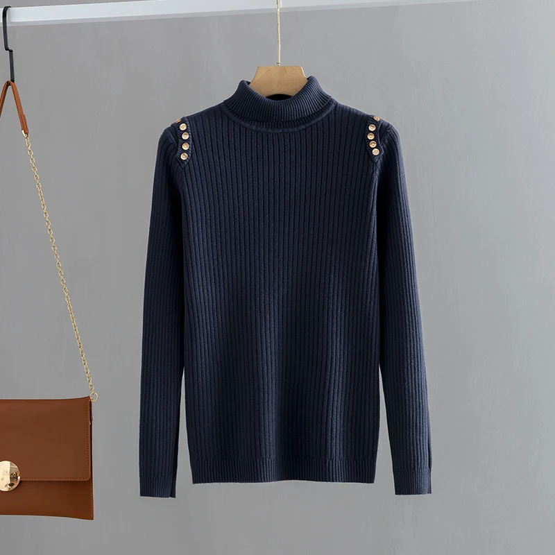 dark blue 9990 GIGOGOU, водолазка с металлическими пуговицами, женский свитер, толстый зимний пуловер, свитер, мягкий женский джемпер, Хлопковый вязаный свитер в рубчик - Цвет: dark blue 9990