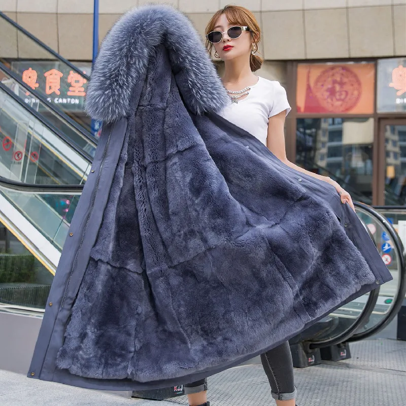 

New Winter Real Fur Parkas Women Rex Rabbit Fur Liner Female Mid-length Pie Overcoat Fox Fur Collar Fur Coat