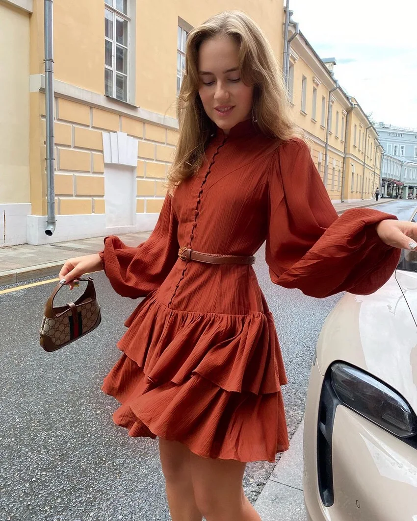 

Women Casual Ruffled Sashes A-line Dress Lantern Sleeve Stand Collaar Solid Elegant Casual Dress 2021 Winter New Fashion Dress
