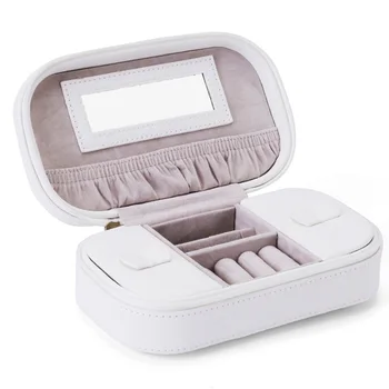 

Zipper Jewelry Box Mirror Tassels Travel Simple Display Rectangle Organizer Portable Storage PU Leather Earrings Gift Case Solid