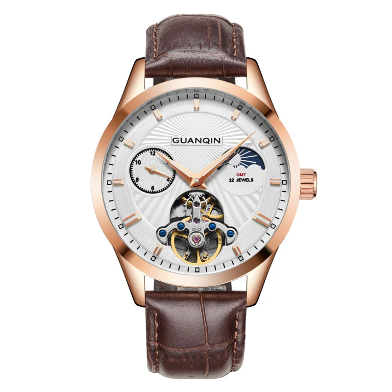 GUANQIN GJ16105 часы для мужчин люксовый бренд Tourbillon Moon фазный автоматический механический кожаный ремешок полые мужские часы Аутентичные - Цвет: white rose gold