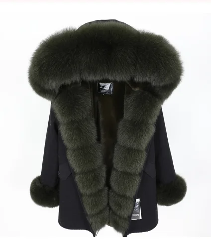 Натуральный енот мех датский Искусственный Мех теплая парка Толстая теплая Женская куртка модное Свободное длинное зимнее пальто - Цвет: Хаки