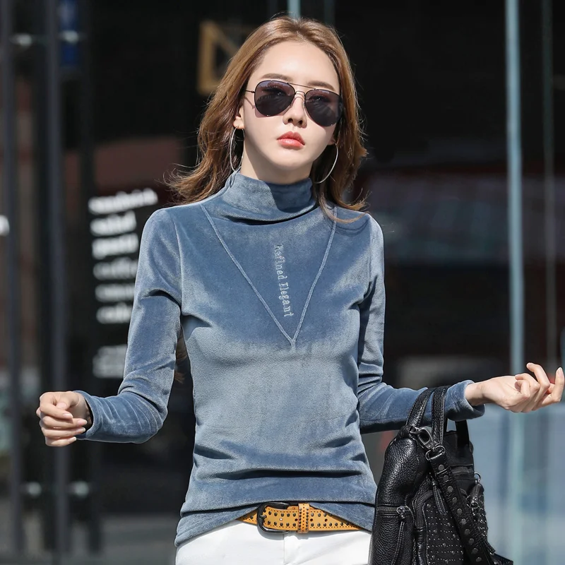 

Size S-4XL Winter T-shirts Women Turtleneck Full Sleeve Soft Velour Letters Tshirt Girls Undershirts Tees Base Tops Female