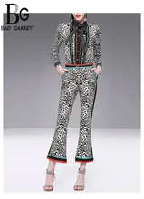Baogarret/модные дизайнерские костюмы с леопардовым принтом и брюками, женская блузка с длинными рукавами и бантом + расклешенные брюки
