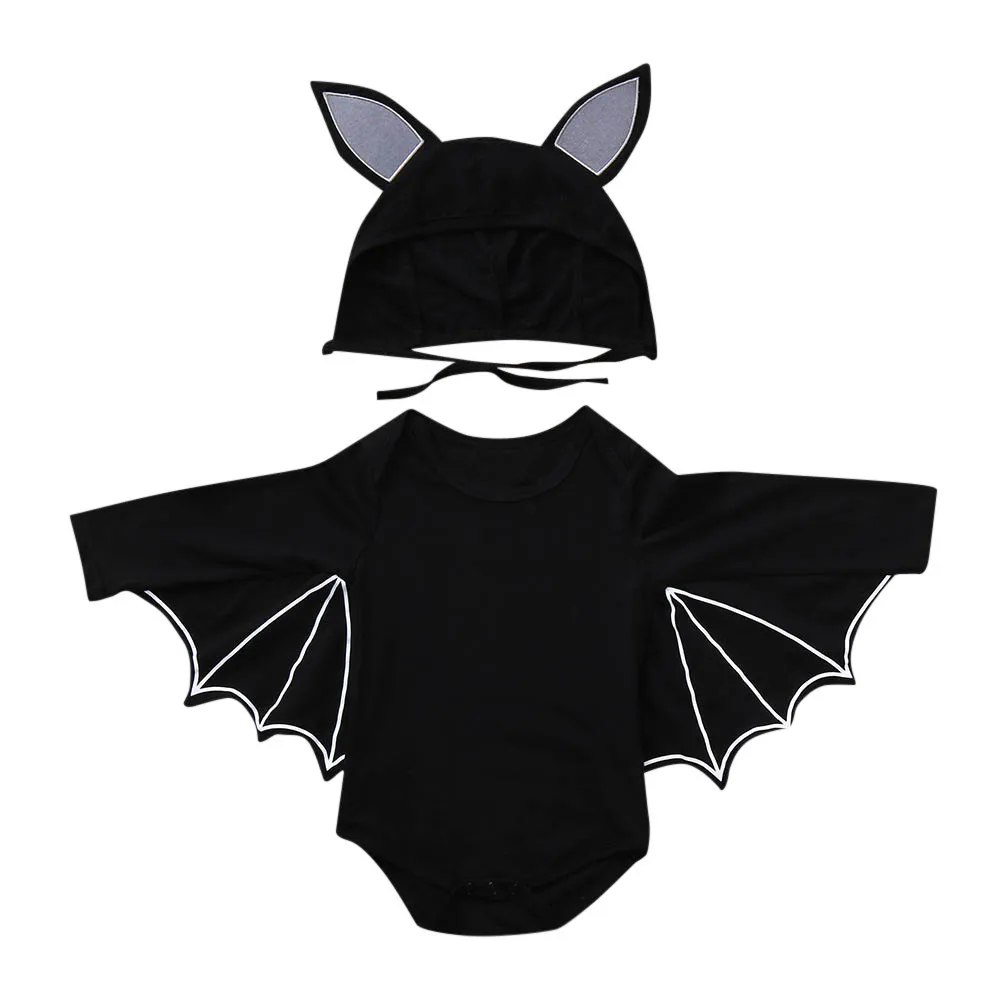 Боди+ шапочка для новорожденных с изображением летучей мыши, черный комбинезон с крылышками для младенцев, костюм унисекс, маленькая хлопковая детская одежда «Хеллоуин»