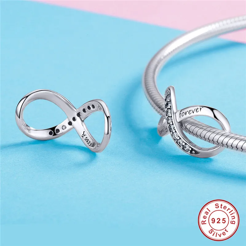 Браслет Pandora,, 925 пробы, серебряный, белый, кубический цирконий, бесконечная форма, бусины для ожерелья, цепочки, изготовление ювелирных изделий