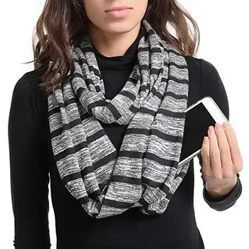 

Fashion Unisex Stripe Pattern Stretchy Infinity Scarf Wrap Zipper Pocket Decor