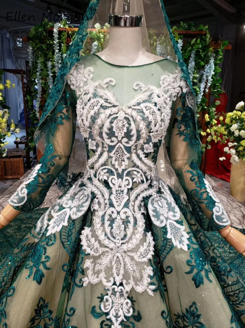 Темно-зеленые кружевные вечерние платья на Ближнем Востоке, винтажные мусульманские платья с длинными рукавами и вырезом лодочкой, блестящие Бальные платья для свадебной вечеринки