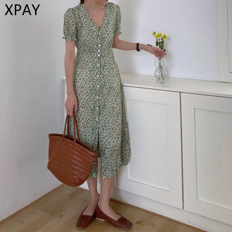 

2020 Lace Up Summer Thin Slim Sexy High Quality Waist-Controlled Fresh Girls V-Neck Floral Single Breasted Dresses