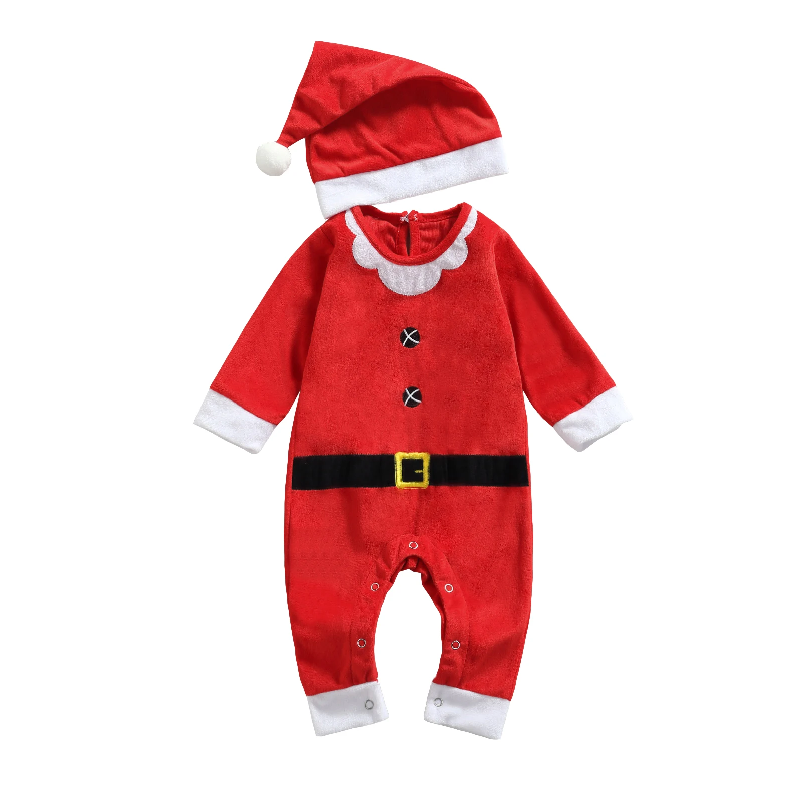 

Baby Clothes 2Pcs Christmas Velvet Outfits Long Sleeve Round Neck Jumpsuit with Hat Set Santa Claus Cosplay Costume