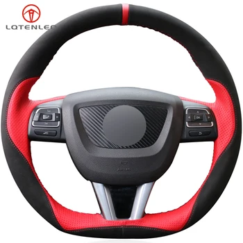 

LQTENLEO Red Genuine Leather Black Suede DIY Hand-stitched Car Steering Wheel Cover For Seat Leon 2008-2012 Leon Cupra 2008-2012