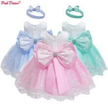 Шикарное винтажное кружевное платье для маленьких девочек; платье принцессы с бантом; Розовая кружевная одежда для крещения и фотосессии; платье-пачка для маленьких девочек