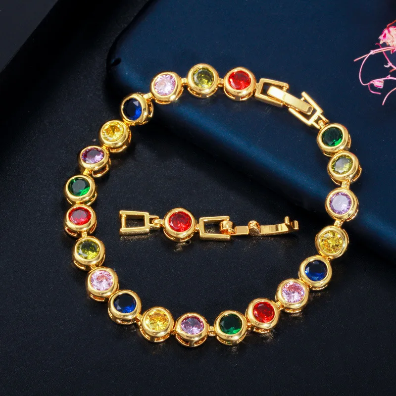 Yellow Gold-Rainbow Wong Rain Bohemian 925 Sterling Silver Created Moissanite Gemstone Bangle Charm Wedding Bracelets Fine Jewelry Wholesale - Цвет камня: Yellow Gold-Rainbow