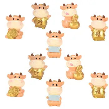 

10pcs Cartoon Bull Adornment New Year Decorative Bull Ornament Micro Landscape Wealth Is Rolling In The Year Of The Ox