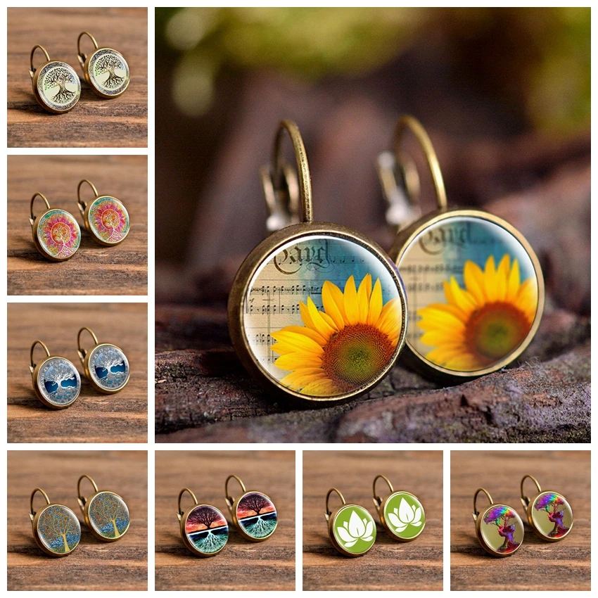 2019 New Style Personality Stud Earrings Tree of Life Picture Glass Cabochon Pendant Fashion Handmade Jewelry for Women Girl | Украшения и