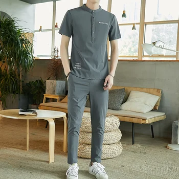 

2020 summer Shirt + Cropped pants men shirt Man Cotton and linen shirts Short sleeve men's casual shirts men size M to 5XL