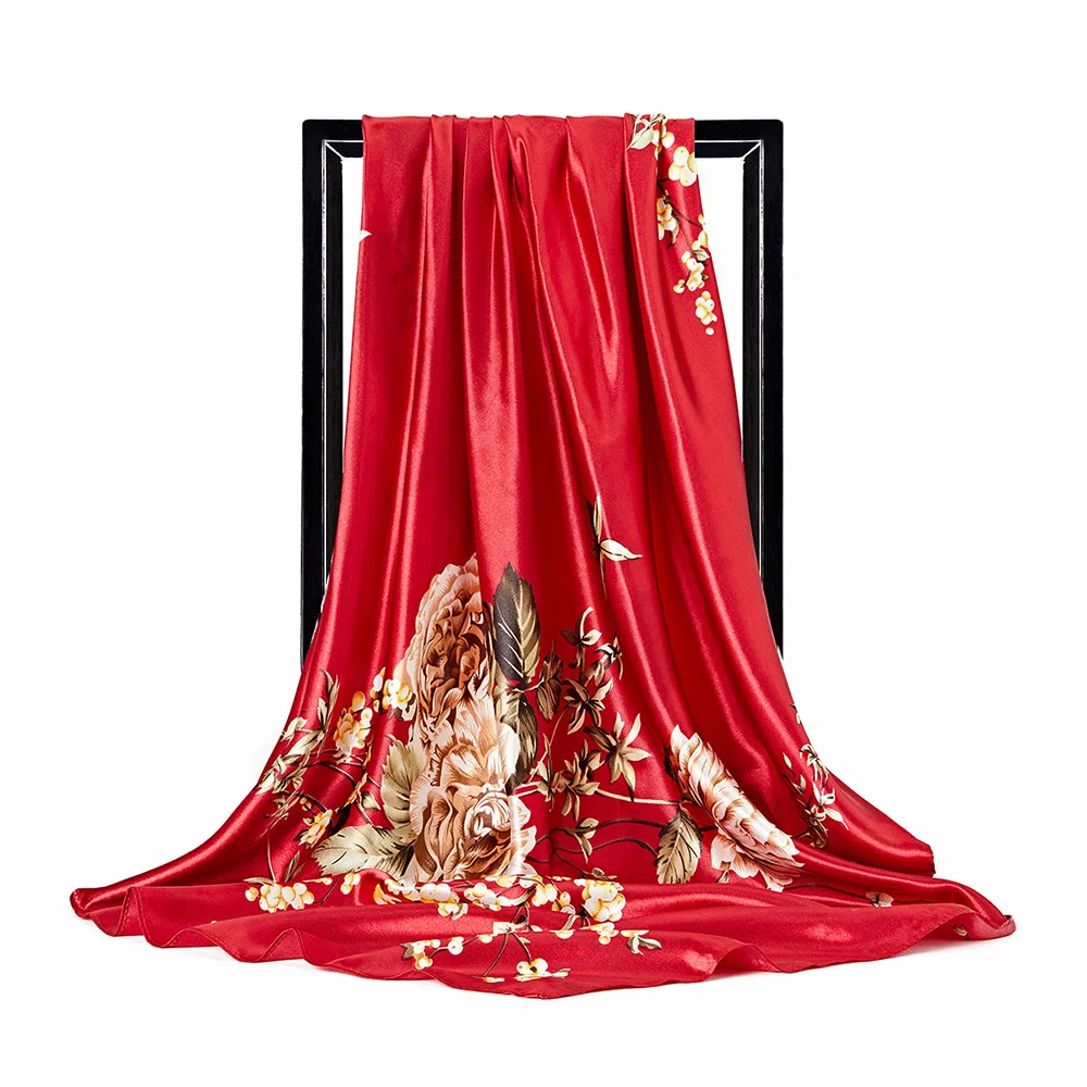 Fashion Scarf Women Shawl Chinese style Print Silk Satin Hijab Female Luxury Brand Square Lady Muffler Coverchief Bandanna Girl silk scarf printed scarf women scarves