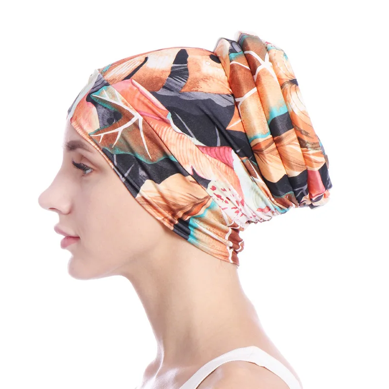 Muslim Women Stretch Cotton Floral Leaf Print Turban Hats Chemo Beanie chemotherapy Hijab Pleated Wrap Cover Hair Accessories