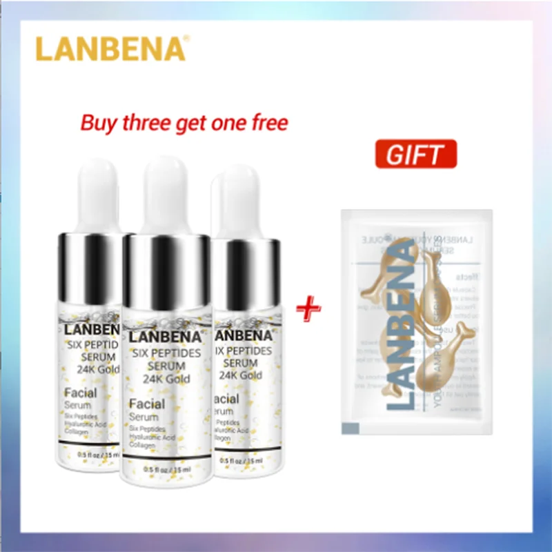 Купить 3 получить 1 подарок LANBENA шесть сыворотка с пептидами 24k золотой крем для лица 3 шт+ ампульная капсула эссенция для глаз Антивозрастной уход за кожей