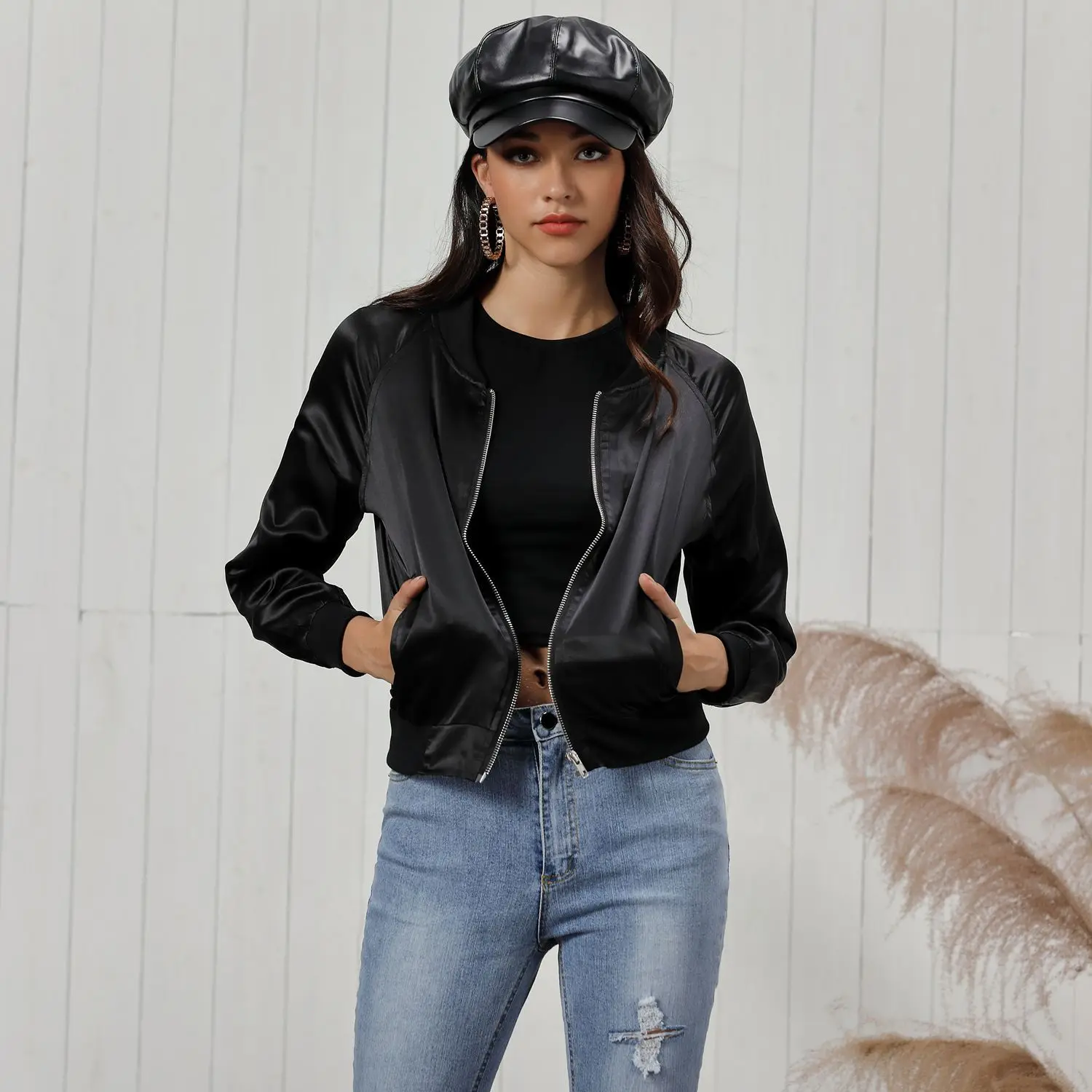 

Fashion Women Classic Solid Zip Up Short Coat Women Jacket
