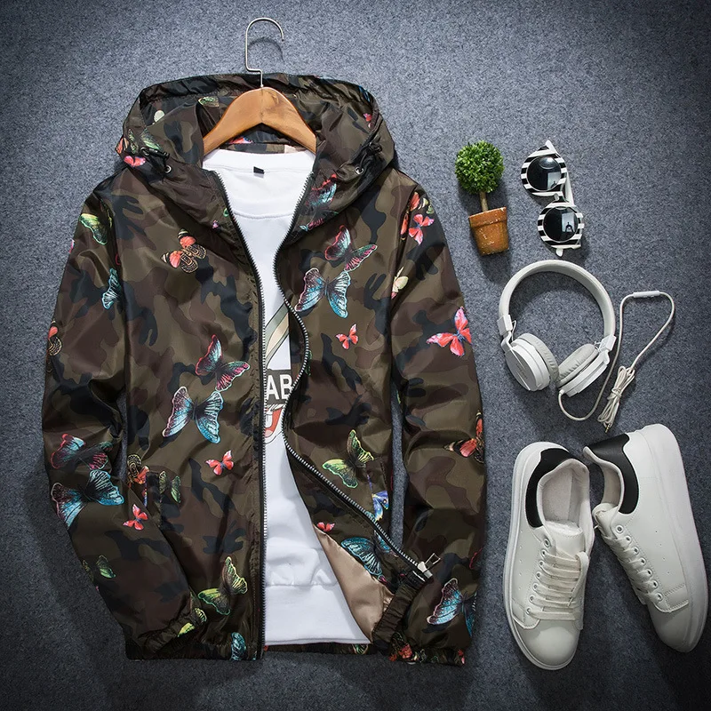 Для мужчин s Повседневное камуфляжное худи куртка осень бабочка Одежда с рисунком Для Мужчин's ветровка с капюшоном мужской верхней одежды S-4XL - Цвет: coffee