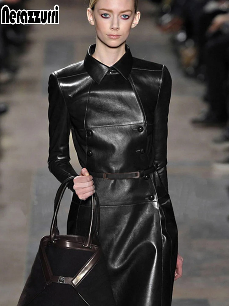Nerazzurri Autumn Long Black Leather Trench Coat for Women