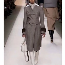 Cosmicchic зимняя женская теплая куртка дизайнерское двубортное саржевое шерстяное пальто из кожи с рукавом норки элегантное приталенное пальто