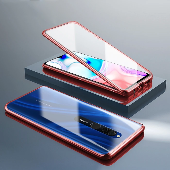 Red Двухсторонний стеклянный Магнитный адсорбционный чехол для Xiaomi Redmi 8 8A 360, полное покрытие, металлический бампер, чехол для Redmi Note 8 Pro - Цвет: Red