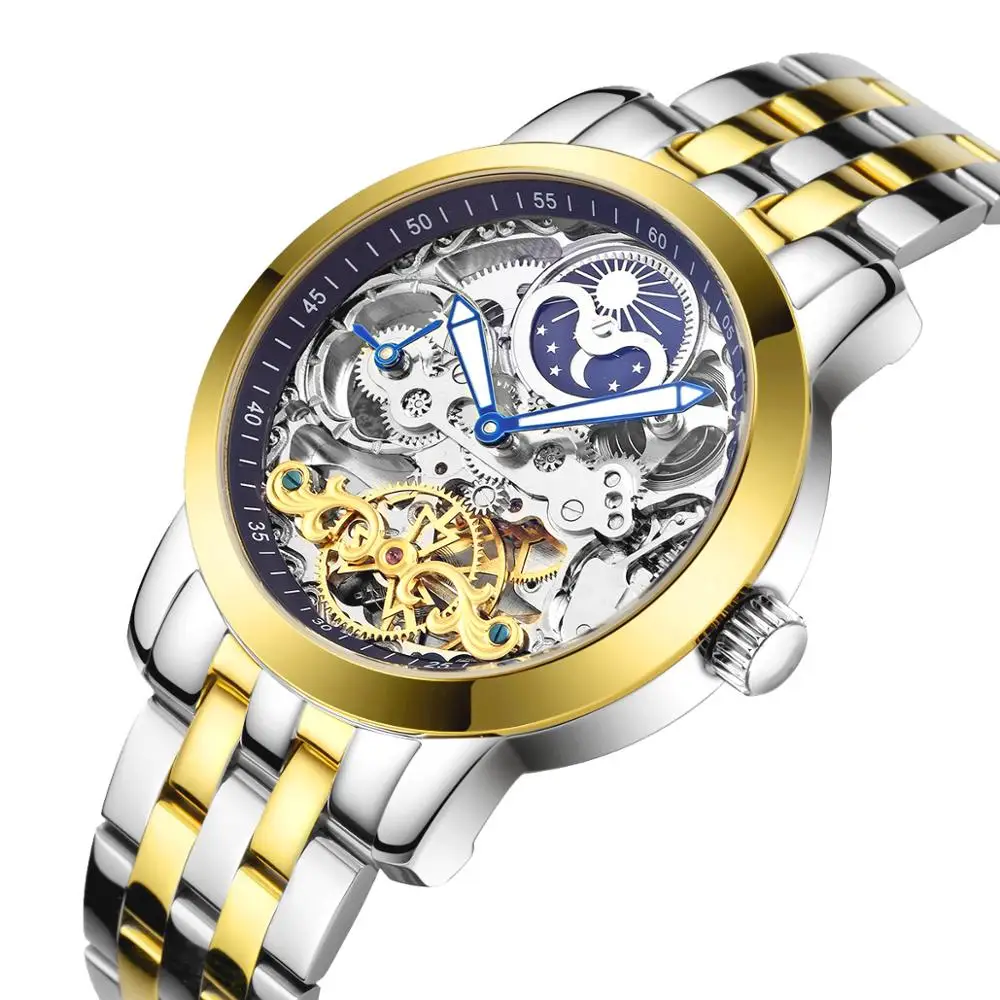 HAIQIN, мужские механические часы, Роскошные автоматические часы, мужские Tourbillon часы со скелетом, спортивные водонепроницаемые часы, Reloj Hombre - Цвет: Gold blue-S