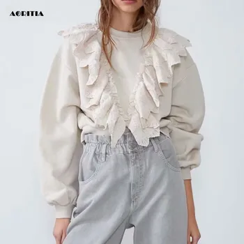

2020 Women Beige Ruffle Hoodie Streetwear Hoody Loose Moletom Survetement Lace Sweatshirt Women