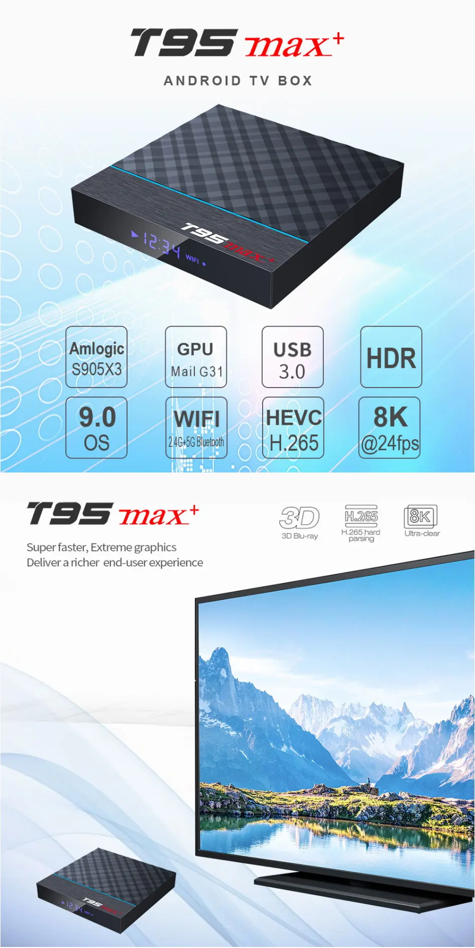 T95 Max Plus Smart Android tv Box 4 ГБ ОЗУ 64 Гб ПЗУ Amlogic S905X35G wifi bluetooth Android 9,0 4K 8K телеприставка медиаплеер