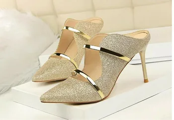

New Summer Fashion Sexy Nightclub Women PU Solid Casual Slippers With Thin High-heel Sequins Naked ankle Sandals